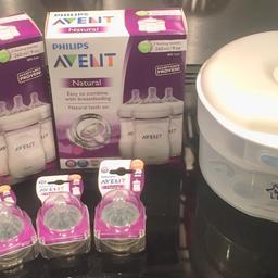 6 Avent anticolic baby bottles from birth which are size 2 teats
And size 4 teats from six months plus
And one microwave steriliser
Very well looked after from a non-smoke no pet clean home
Not used for long