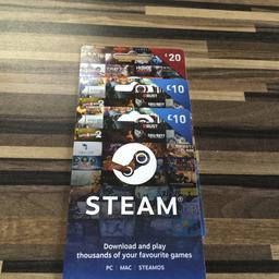 This is £40 of Steam vouchers. My son got them for Xmas but has never used them. The £20 voucher has been scratched but not put on.