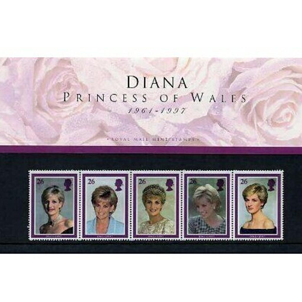 A set of 5 unused and unstamped official commemorative tribute stamps to the late Diana Princess of Wales, housed in a fold-out card wallet with various images of Diana and a mini bio. There is also a "Dear God" card commemoration from a 5 year old.