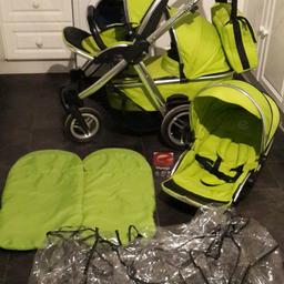 Beautiful lime oyster with 2 seat units  one carry cot bag  cosy rain covers. Huge shopping basket can be put so many different  ways .. retail at 330 for one seat and frame stunning