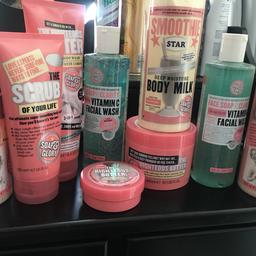9 bottles of various soap& glory all brand new!
Clean on me x 2
The scrub of your life
The righteous butter x 3 in various sizes
Face soap and clarity x 2
Smoothie star body milk

I have to much to get though only reason for selling all new and I have the tin case included