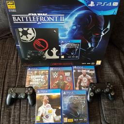 PlayStation 4 1tb Star Wars BattleFront 2 Edition
2x Controllers 
5x Games 
1x Headset 
UFC 3 
WWE 2k18  
Star Wars Battlefront 2 
Fifa 18 Ronaldo Edition
GTA V 
Perfect Working Order 
Excellent Condition 

£375