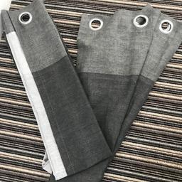 Lovely grey curtains, selling due to getting new ones that fit better. Width 116cm 46” and drop is 137cm 54” approx. Great condition. Has 2 little holes. Very very small and not noticeable near the top where the rings are. Shown in pictures.