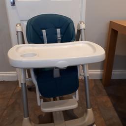 Mamas and Papas Prima Pappa Evo high chair. Excellent condition , like new. Chair folds up, removable 2nd tray, several reclining positions for if baby falls asleep while feeding, also height adjustable so baby can sit at table with you. Very sturdy chair. Used with previous child but seat cover stained from suncream, so bought new cover and straps for £60 from mamas and papas, so chair like brand new. Looked at buying new high chair for cheaper but they were very flimsy . originally bought £200