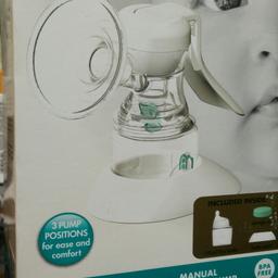 Brand new manual breast pump in sealed box. Didn't need, just sat in nursery wardrobe. Mothercare brand.