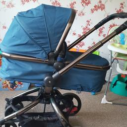 Mother care orb pram teal colour . Comes with raincover . Etc second hand condition only used a few times from a smoke free home does have a small rip in the basket underneath doesnt affect it though