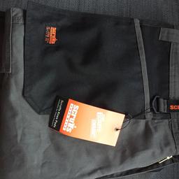 Scruffs work trousers with provisions for knee pad inserts and front pouch pockets.  Cargo pockets on BOTH legs - which is why I got them. 
Brand new but out the packet. 
I bought the wrong size and never got round to taking them back, now I have lost the receipt. 
Need to get rid..