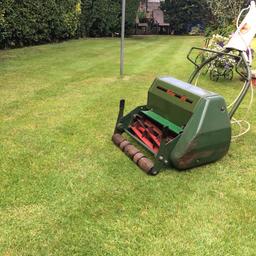 Electric cylinder lawn mower with grass box, which is slightly damaged but still very usable. Heavy roller for those striped lawns. Cuts great with a clutch to disengage drive but still allows blades to run. Collect from B45 call 07584021516 . Many thanks