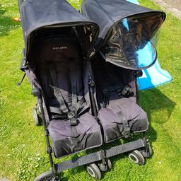 Mclaren twin techno double pushchair in good condition. Each seat works independent of the other so one can be laid down, one say up. Extendable hoods with sun visors. Foam handles in great condition, no rips. Doesn't come with rain cover. Collection only from south Ockendon, no holding, on other sites