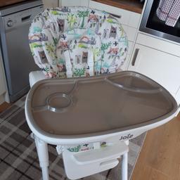Joie highchair, multi height settings, 3 position seat recline, adjustable tray, fully cleaned, excellent condition (one of the feet has come undone but can be popped back in - see photo)