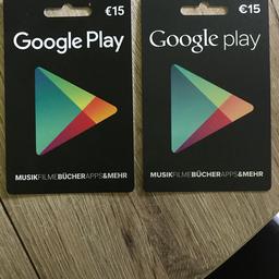 Ich verkaufe 2 unbenutzte Google Play Gutscheine im Wert von jeweils 15€.
Verkauf auch einzeln möglich (dann 13€).
Kann die Gutscheine auch gerne verschicken, dann übernimmt der Käufer die Versandkosten.