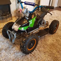Works fine 3 different speeds also has reverse as well plastics ok top speed is around 20+mph looking for a petrol 50 cc quad now for my kids