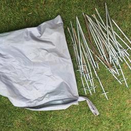 Approx 30 steel 9 inch awning or tent pegs. Most straight with a couple of spare slightly bent ones included on top. Useful t bar pegs that are easy to remove with an included peg remover