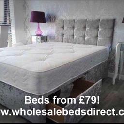 14" divan base
Diamanté headboard

Single £109
Double £129
Kingsize £139
Superking £159

Various mattresses available

Fabric buttons £10

Available in a range of colours and fabrics chenille plain velvet etc see pics

Draws £15 each

Matching ottoman blanket box £49

Email: bedsdirectne@gmail.com
Whatsapp: 07871 694441
Website: wholesalebedsdirect.com

Order now with only a £10 deposit