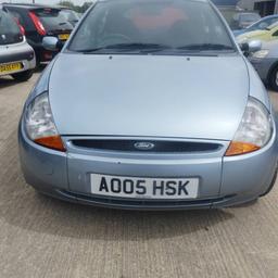 2005 Ford KA Collection, 
£1495 ono, 
3 door hatchback, 
1.3 Petrol, 
Mileage; 85,591, 
Sold with full 12 months MOT, 
Service history; 5 previous stamps (4 maindealer), 
Sold with full service inc. new cambelt fitted, 
Sold with 3 months warranty, 
Road Tax; 6 months @ £107.25 or 12 months @ £195.00, 
Power; 69bhp, 
Transmission; Manual, 
Colour; Blue, 
Specific Features; 
* Central locking, 
* Air con, 
* After market CD/radio, 
* Electric windows, 
* Cup holders,
* Height adjusters on headlights, driver's seat, 
* Front seat back pockets, 
* Driver SRS airbag, 
* ABS anti lock breaking system, 
* Rear windscreen de-fogger.