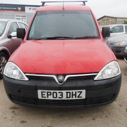2003 Vauxhall Combo 1700 DI,
£1495 ono, 
Body Type; Car Derived Van,
1.7 Diesel,
Mileage; 129,510,
Sold with full 12 months MOT,
Service History; 8 Previous service stamps,
Sold with full service inc. new cambelt if applicable,
Sold with 3 months warranty,
Road Tax; 6 months @ £137.50 or 12 months @ £250.00,
Power; 65 bhp,
Transmision; Manual,
Colour; Red,
Specific Features;
* Roof rack, 
* Shelf above seating area, 
* Central locking,
* Tape/radio which could be changed for CD player,
* After market phone kit,
* Cup holders,
* Digital clock, 
* Driver airbag.