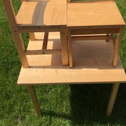 Child’s wooden table and two chairs, will need tightening up and a little tlc. Ideal for outside play as it is or could be cleaned up and painted to be used indoors. Does have a cut into it and one of the chair feet are discoloured. Lots of life left in this. Table is 50cm high 60cm wide and 50cm deep. Please see photos. Collection only.