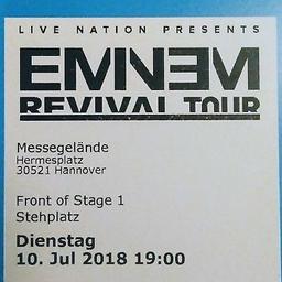 Hallo, ich verkaufe hier mein Ticket für das ausverkaufte Eminem Konzert am 10.07. in Hannover. Leider verhindern meine Prüfungen, dass ich hingehen kann. :(
Die Plätze sind im Bereich Front of Stage 1, also direkt vor der Bühne.

Versicherter Versand und Abholung in Berlin oder Mannheim sind möglich.
