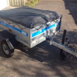 Very good, but used condition, just come back from camping today so still loaded up, inside is clean, comes with two covers, the other I use if carrying stuff to the tip.
Jockey wheel, tyres are good, clean sturdy trailer, priced to sell.
Garaged (always, never left out) Priory Road area Hull