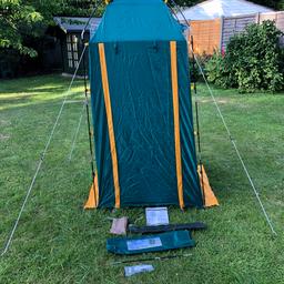 Tent for getting changed or dressed in when camping. Only used once and in excellent condition. Complete with poles (plus one spare pole section), pole bag, pegs (plus one spare), peg bag, guy ropes (plus one spare), storage bag and instructions. Measures 100cm long x 100cm wide x 195cm at tallest point