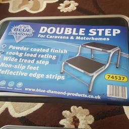 New Double step
Powder coated finish
Wide tread step
Non slip feet
100kg load rating
 Made for kitchen, domestic, marine, motorhome, caravan or camping.
Unlimited uses.

Call or text me on 07900000880 Ali thanks for looking. Best price is £10. 3 available.
Collect from b8.