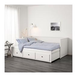 White Ikea day bed with 3 drawers, great for storage! Had since June 2016. In great condition, minor wear and tear scratches on the side.

Mattresses are not included.

Would suggest transporting in a van as it can be moved in two parts (saves dismantling)
