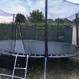 Hello, 
Full enclosure 
Ladder
Shoe bag 

The trampoline measures 14ft on the outside and the the spring mat measures 12 1/2 ft 

You Would need to collect and dismantle as I’m disabled and have no way of doing it for you. 

Thank you 

In Harlow essex CM20