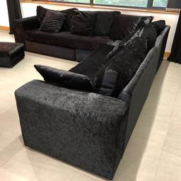 Crushed velvet black corner sofa and footstool. Handmade extra large 10ft x 10 ft 3 years old and in very good condition from a pet free home.
Worth over £2,000 new. Grab a bargain