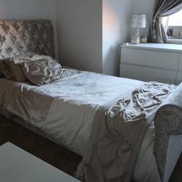 2 single crushed velvet beds one pale gold and one silver grey. Only 7 months old one with brand new mattress. Only selling due too moving home in two weeks time which has bigger bedrooms so double beds needed. Cost 480 7 months ago. Will accept 140 each or both for 260