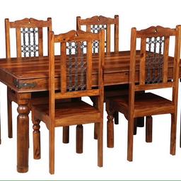 This Jali Dining Set is the perfect piece for those looking for a classic home dining experience for the whole family. Each set features a single 160cm Jali Dining Table which is paired with 4 elegant Jali Dining Chairs providing seamless style and sophistication for meals, family games and more.

Each Jali Dining Set is made using the finest Indian Sheesham Wood. Used for 2 years and is inngood condition. Smoke and pet free.