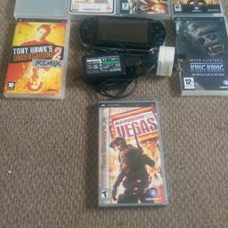 Sony PSP in good working order no cracks in screen or back. Comes with 7 games,charger and 32gb memory card. Games it comes with are:
Rainbow six Vegas
Tony Hawk's underground
King Kong 
Brothers in arms d-day 
Need for speed carbon
20 arcade classics 
Crazy taxi fare wars