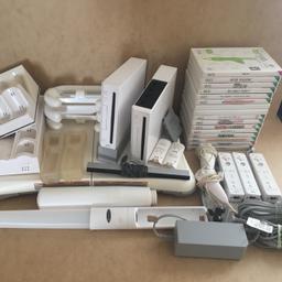 Massive Wii Bundle
1 fully Working Wii Console 
1 Wii spare and repairs doesn’t read discs
3 controllers 
2 nunchucks
Fit Board
3 wheels 
Lots of other attachments and accessories
16 games
All cables 
£35 offers