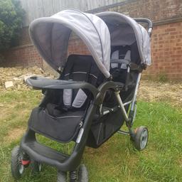 Vidaxl.com double buggy. Purchased less than 8 months ago for over £150 but very rarely used. Lightweight and easy to compact. Excellent condition. Both seats have hoods, 5 point harnesses and drinks trays.

Front seat suitable from 6 months