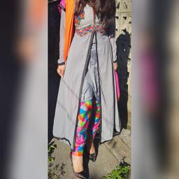 🎉Georgous embroidered long umbrella dress with front split 
🎉Comes with colourful trousers and a contrast dupatta
🎉Brand new, only worn for pictures