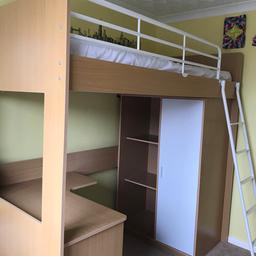 Single high sleeper with under desk and wardrobe(mattress not included)
H-185cm
D-103cm
W-198cm
A few marks as in the photo hence price