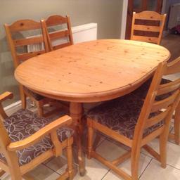 A solid wood table with 6 chairs (includes 2 chargers). Needs some attention (just a sand and varnish) would make a good project. Table top extends and the whole top can be removed for easy transport.
Dimensions W104cm, L160cm (+47cm with extension) and H74cm

Extension piece included and in great condition.