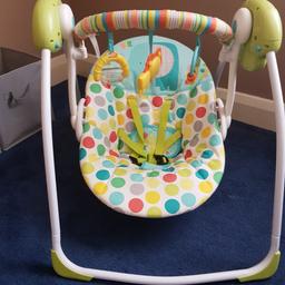 The Chad Valley Deluxe Baby Swing is great for your little one to play and nap. The detachable toy bar with brightly coloured toys gives them something to stare at and grasp. When it's time for a nap, put the swing in motion to soothe your little one to sleep. 5 point harness for security. Simple controls are located on the top of the frame.
Features:

2 Stage Recline.

Detachable toy bar with 3 toys.

Features front-to-back swinging and 1 swing speed.

5 point safety harness.

Support strap to