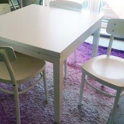 White Dinner Table plus 4 chairs IKEA 90X90 Height 75cm
extendable .
Selling urgently as I am moving out from UK.