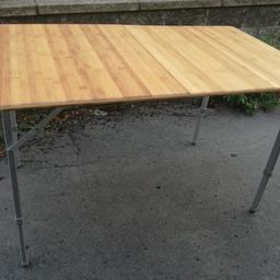 Here I have my almost brand fire Outwell bamboo folding table, ive bought an aluminium table that's smaller to store for just one person do selling this amazing table, I paid 130 pounds 4 weeks ago :(
Folded 70-70-10cm
Open 120x70 cm
Heights 490, 570 and 700 
10kg approx
Can deliver accrington Read less