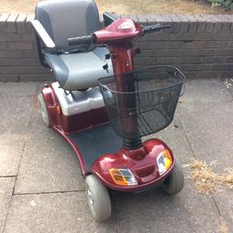 4mph mobility scooter in good working order. Solid puncture proof tyres.
Adjustable swivel chair 
Hydraulic tiller
Front and rear lights/ indicators 
Charger included 
Can offer free delivery for asking price