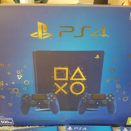 PLAYSTATION 4 
LIMITED BLUE EDITION
2 DUAL SHOCK CONTROLLERS 
5 GAMES INC FIFA 18 ETC
2 MONTH OLD 
UNWANTED GIFT
LIKE NEW FULLY BOXED RRP 329£ PLUS
First to see will buy
