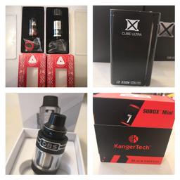 Smok x cube ultra 220w mod, boxed. 
Few scratches but works perfect

OBS engine original dual coil rta, like new, boxed with accessories 

2 limitless rdta's, only one mouthpiece between them. Both boxed with accessories in great condition.

Kangertech Subkit mini, 50w mod and tank with new coil and unused rba deck. Boxed with accessories. Pretty beaten up but still works fine. Glass needs a new tube though.

Also selling all separately on here