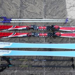 Waxed and Edged, these skis are in extremely good condition having had less than 10 weeks use from new. Ideal for both Beginner & Intermediate Level Skiers 5ft 6ins & 5ft 10ins tall. 
1 pair Atomic 9:7 Nano Frame Technology (159cm Long) & Atomic Device 310 Bindings.
1 pair Rossignol Fun 2 (154cm Long) & Rossignol Saphir Lambda Women Concept Bindings. 
1 pair  Kerma Countach  Ski Poles & 1 pair Gipron Ski Poles.

£35.00 each or £65.00 for both pairs