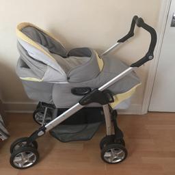 Yellow and grey
Used 
Can be used from birth
Can be put rear facing for bigger babies