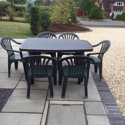 6 seater garden furniture set.
Table and 6 chairs - Green hardy Plastic
Only used once for an special occasion.
Excellent condition.
We have 3 sets of these all excellent condition. Collection only. - Legs on table are removable so may fit into a car.