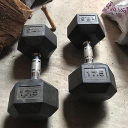 17.5kg pair of gym rubber coated hexagonal dumbbells almost new
