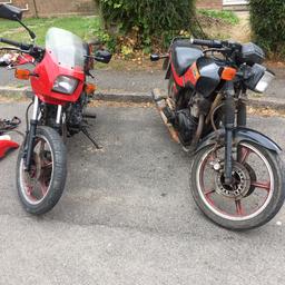 Here we have two Kawasaki GPZ305 with spares 
Both currently non-runners but shouldn't get much to get running the black one has loads of MOT paperwork with it and just over 32k on the clock mot ran out March 2018 I believe the only reason it stopped running is the fuse box burn can buy for around 5 pounds red one did run just been sat for four years engine turns over could easily fill one out the two or restore the pair
These are becoming collectable Priced cheap no silly offers