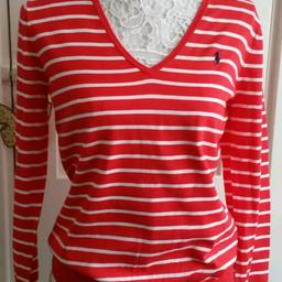 New,Ladies genuine RALPH LAUREN v-neck striped cotton red (orangey red)/white sweater,Large (12-14)
