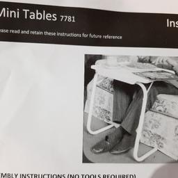 Still in box so just showing photo of leaflet.
Table for eating/reading etc while sitting in chair.
Metal legs, plastic top.