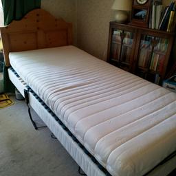 Electric adjustable single bed with mattress. Removable mattress cover. Wooden headboard. It is multi positioned as you can raise the head, the legs or both. Height with the mattress is approximately 50cms but it sits on chair/bed raisers making its height approximately 60cms. These are also available if needed. Buyer to collect.